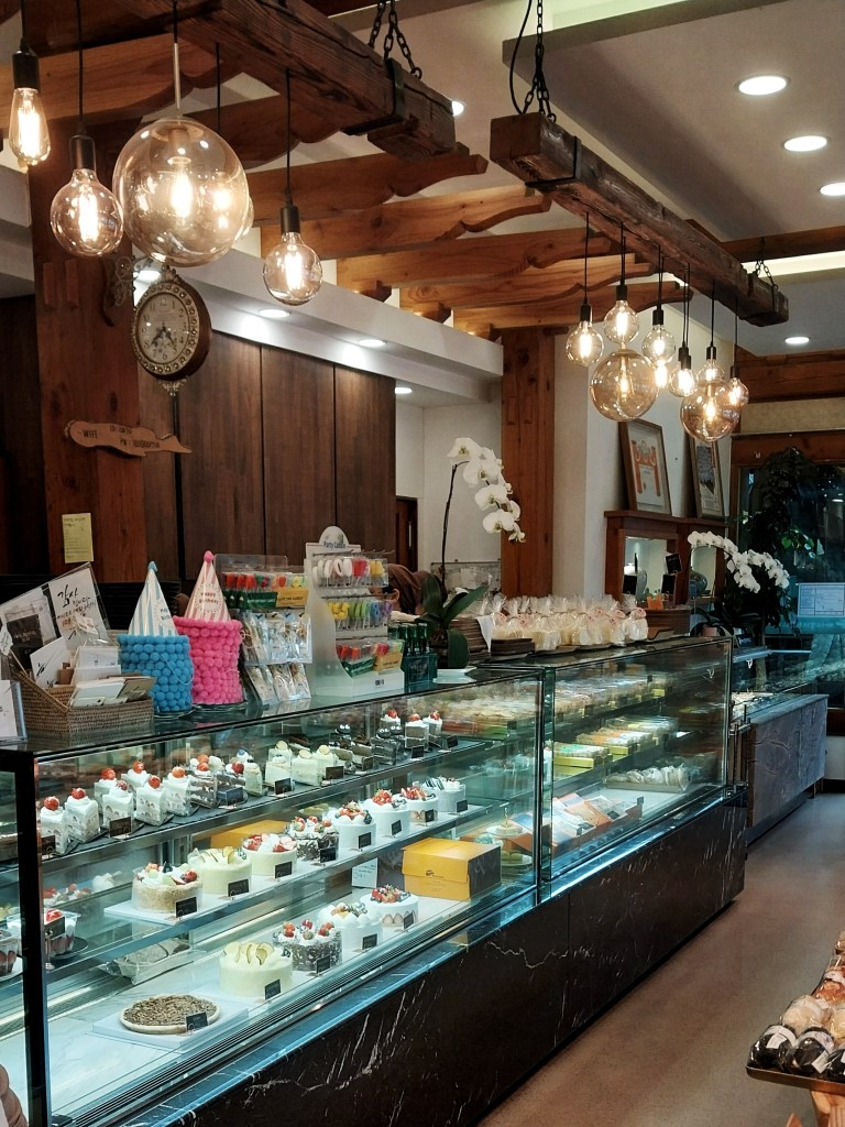 Cakes in display case at a bakery in Suwon outside of Seoul