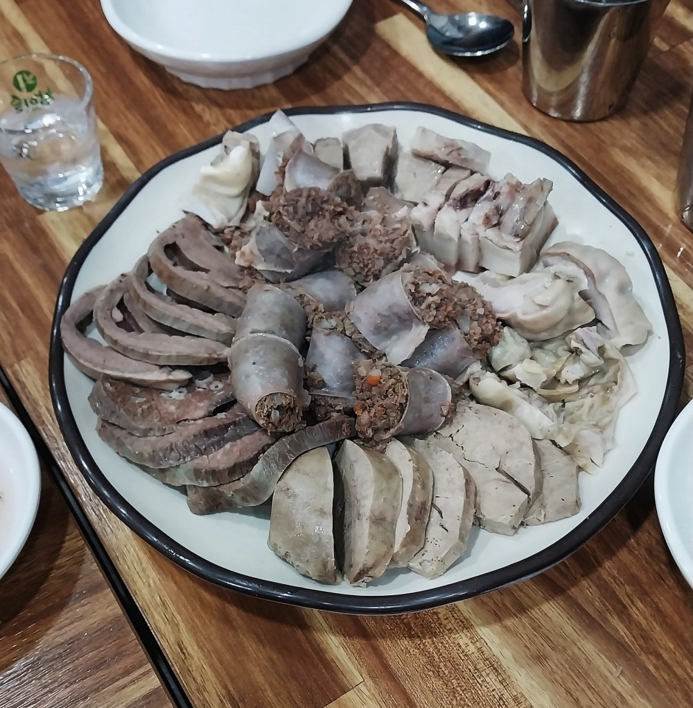 Soondae platter full of traditional Korean meat cuts